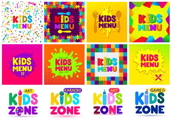 Kids Menu and Kids Zone banner design big set. Children Playground. Colorful logos. Vector illustration. Isolated on white background. — Stock Illustration Kids Menu and Kids Zone banner design big set. Children Playground. Colorful logos. Vector illustration. Isolated on white background. Royalty Free Stock Vectors