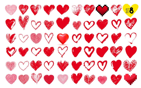 Grote reeks van hand getrokken harten. Rode kleur. Vrije-stijltekenen. Vectorillustratie. Geïsoleerd op witte achtergrond — Stockvector