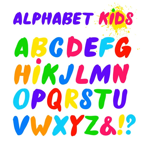 Kinderen lettertype in de cartoon-stijl. Set van veelkleurige heldere brieven voor inscripties. Vectorillustratie van een alfabet. Vrije-stijltekenen. Geïsoleerd op witte achtergrond. — Stockvector