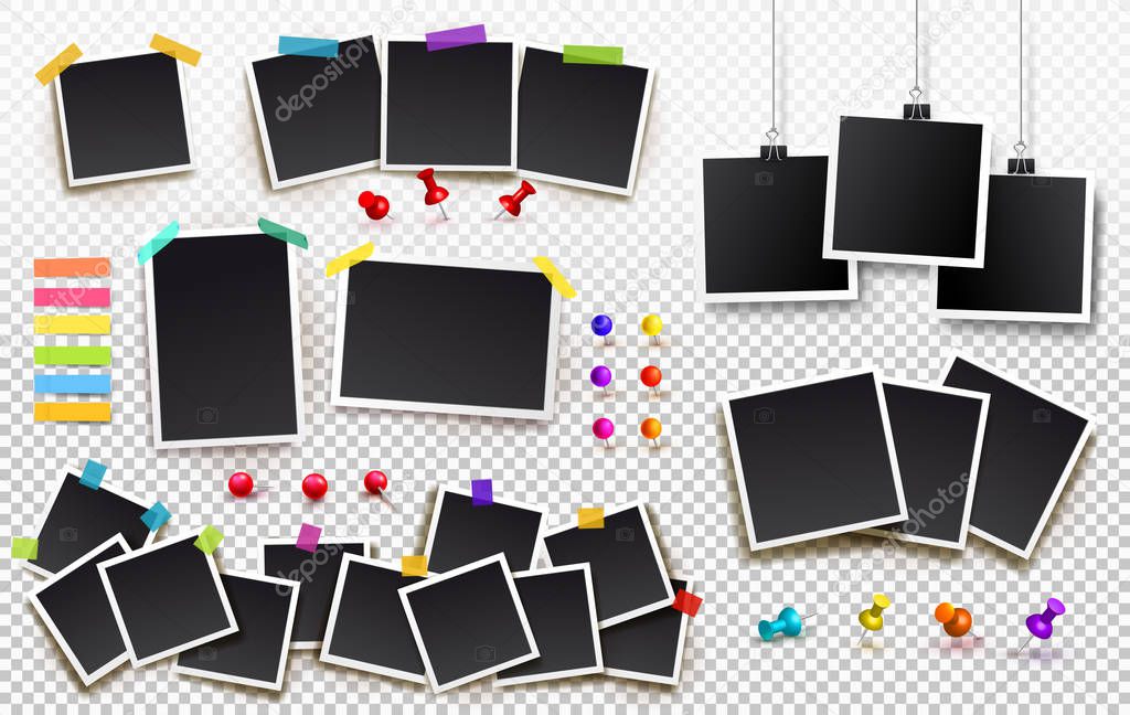 Set of square vector photo frames on sticky tape, pins and rivets. Template photo design. Vector illustration. Isolated on transparent background