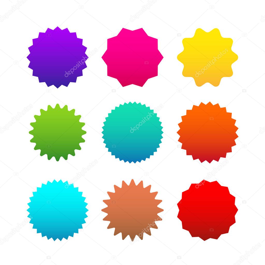 Different starburst, sunburst badges, shapes in 9 color. Vector illustration. Isolated on white background