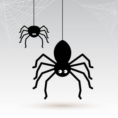 Çizgi film örümceklerle köşe örümcek ağları. Vektör çizim. Gri arka plan üzerinde izole