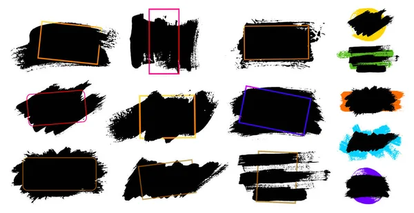 Black paint, ink brush stroke, brush, line or texture. Dirty artistic design element, box, frame or background for text. Blank shapes for your design. Vector illustration. Isolated on white background — Stock Vector