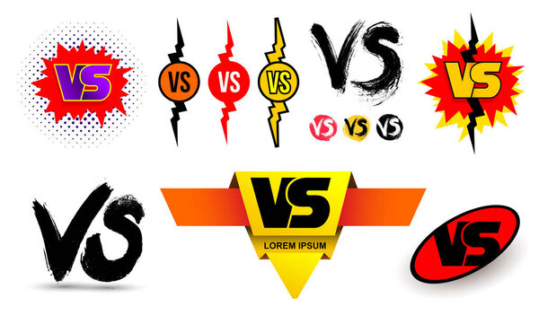 Big set of symbol competition VS. Versus text brush painting letters. Freehand drawing. Vector illustration. Isolated on white background