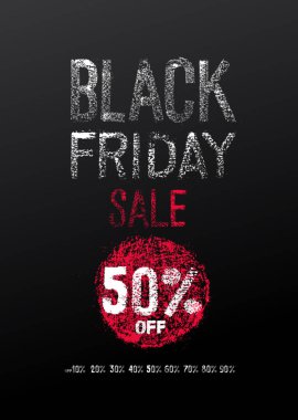 Siyah Cuma satış poster. Bir kara tahta üzerinde tasarım yazı tipi tebeşir. Basamak yüzde ile kümesi. Vektör çizim. Beyaz arka plan üzerinde izole