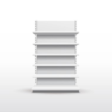 Beyaz boş mağaza rafları. Perakende raf Raf. Vitrin ekran. Mockup tasarım için hazır şablon. Vektör çizim. Beyaz arka plan üzerinde izole