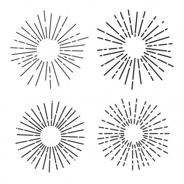 Güneş ışınları, havai fişek, doğrusal çizim vektörel Illustrator kümesi. Beyaz arka plan üzerinde izole