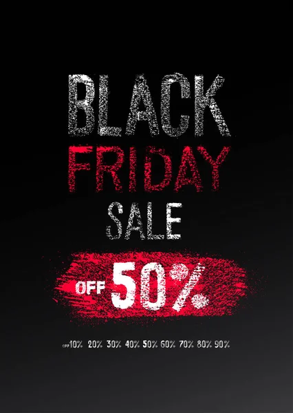 Siyah Cuma satış poster. Bir kara tahta üzerinde tasarım yazı tipi tebeşir. Basamak yüzde ile kümesi. Vektör çizim. Beyaz arka plan üzerinde izole