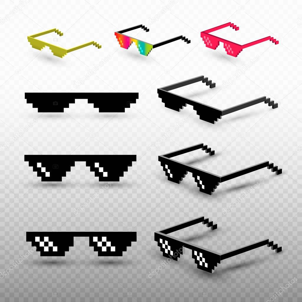 Set of pixel glasses isolated on transparent background. Thug life meme glasses. Mock up template ready for your design. Vector illustration.