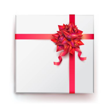 Şerit üstten görünüm ve parlak kırmızı saten yayla Printgift kutusunu kapatın. Vektör çizim. Beyaz arka plan üzerinde izole