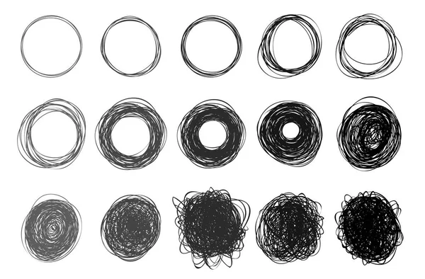 Uppsättning av handen ritade cirklar med skiss frihand circle linjer. Frihandsteckning. Doodle cirkulär logotyp element. Vektorillustration. Isolerad på vit bakgrund — Stock vektor