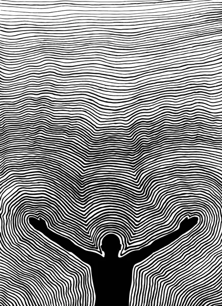 Az ember a kezét az égre. Absztrakció a csíkok és vonalak. Vektoros illusztráció. Elszigetelt fehér background — Stock Vector