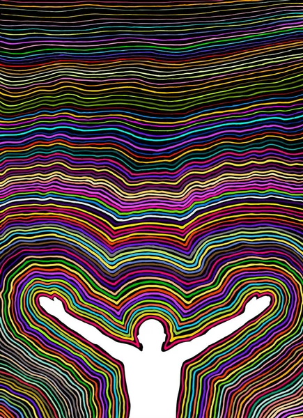 Muž s rukama až do nebe. Abstraktní barevné pruhy a čáry. Vektorové ilustrace. Izolované na černém pozadí — Stockový vektor
