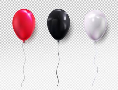 Set renkleri helyum balonu. Doğum günü balon kırmızı, siyah, beyaz, parti ve kutlamalar için uçan. Tasarım ve iş için. Vektör çizim. Saydam arka plan üzerinde izole