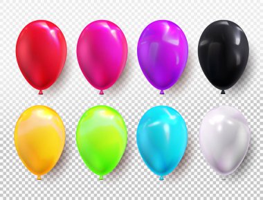 Set renkleri helyum balonu. Doğum günü balon kırmızı, sarı, yeşil, mavi, siyah, parti ve kutlamalar için uçan. Tasarım ve iş için. Vektör çizim. Saydam arka plan üzerinde izole