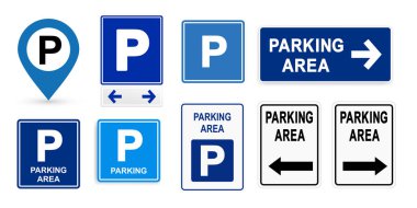 Yol işareti otopark alanı kümesi. Sokak. Vektör çizim Isolated beyaz arka plan üzerinde