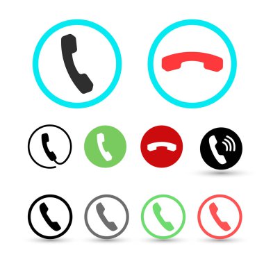 Telefon alıcı yuvarlak simge kümesi. Şablon tasarımınızın tarzı bir daire içinde düz ikonik bir sembolü. Web ve yazılım arabirimleri için tasarlanmış. Vektör çizim. Beyaz arka plan üzerinde izole