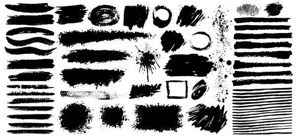 Set di vernice nera, grunge, inchiostro, pennellate sporche. Elementi di design artistico sporco. Illustrazione vettoriale. Isolato su sfondo bianco — Vettoriale Stock