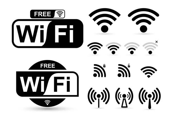 Conjunto de WiFi gratuito y señal de zona. Acceso remoto y ondas de radio símbolos de comunicación. Ilustración vectorial. Aislado sobre fondo blanco — Vector de stock