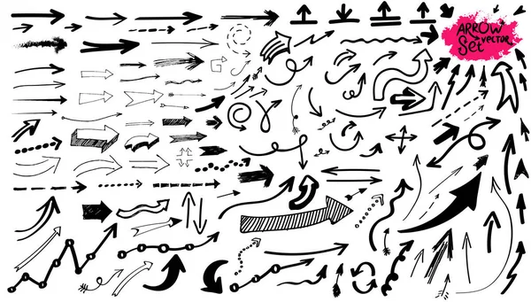 Grand ensemble de grunge croquis main aquarelle doodle flèche. Fabriqué avec brosses, stylo et marqueurs. Illustration vectorielle. Isolé sur fond blanc — Image vectorielle