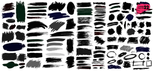 Gros de la collection de peinture noire, coups de pinceau à l'encre, pinceaux, lignes, grungy. Des éléments de design artistique sales, des boîtes, des cadres. Illustration vectorielle. Isolé sur fond blanc. Dessin à main levée — Image vectorielle