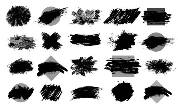 Collection de peinture noire, coups de pinceau à l'encre, pinceaux, lignes, grungy. Des éléments de design artistique sales, des boîtes, des cadres. Illustration vectorielle. Isolé sur fond blanc. Dessin à main levée — Image vectorielle