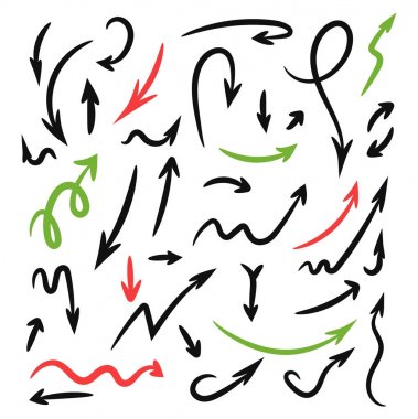 Grunge kroki el yapımı suluboya doodle ok kümesi. Vektör çizim. Beyaz arka plan üzerinde izole