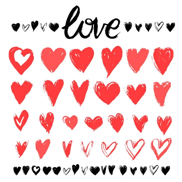Verzameling van grunge rode en zwarte harten. Vector illustratie hart vormen. Geïsoleerd op witte achtergrond — Stockvector