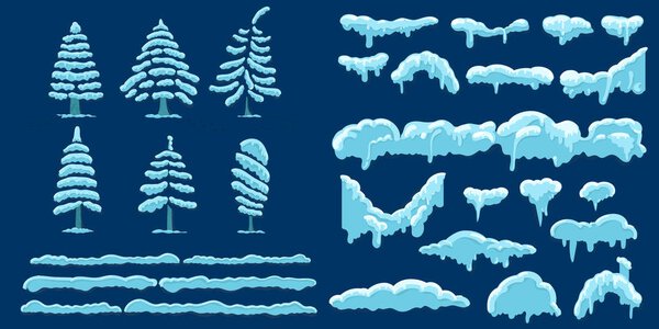 Set of snow icicles and snow cap. Vector illustration, template in cartoon style. Snowy elements tree, spruce, pine on winter background. Isolated on blue background