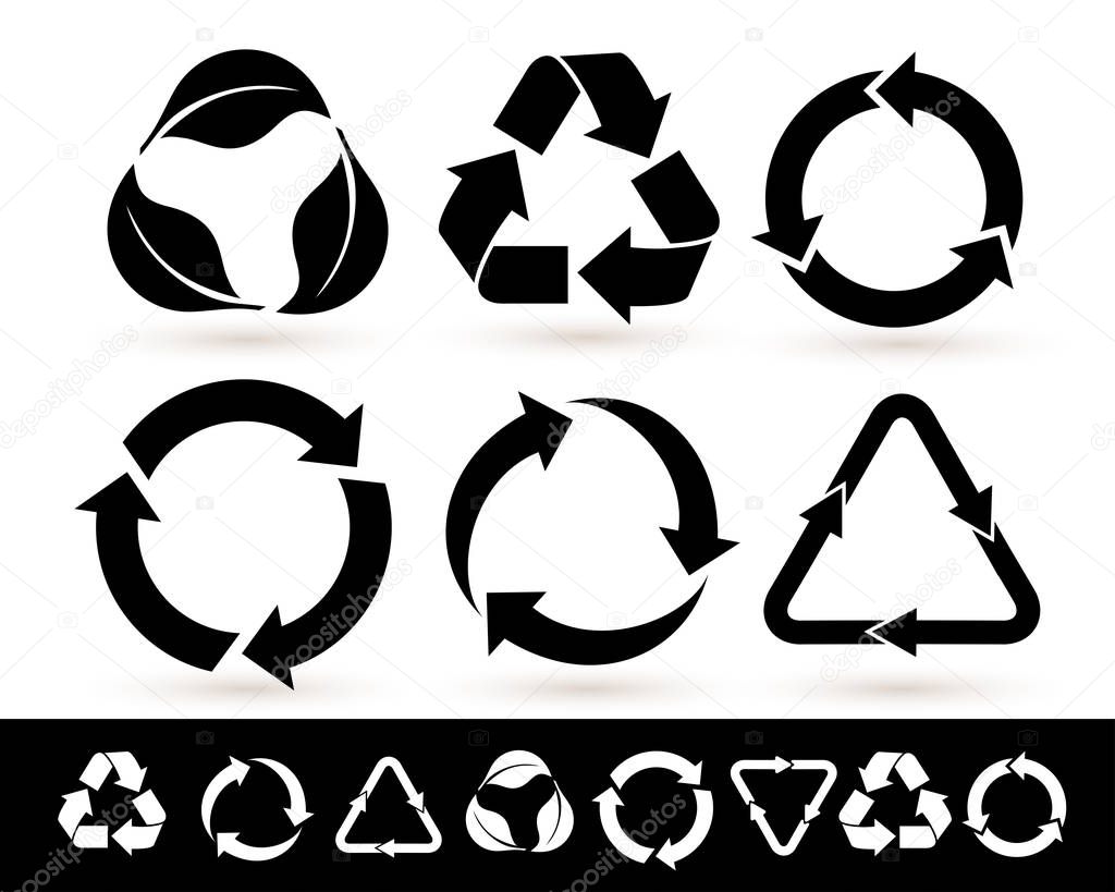 Recycled cycle arrows icon set. Recycled eco black icon. Vector illustration. Isolated on white background