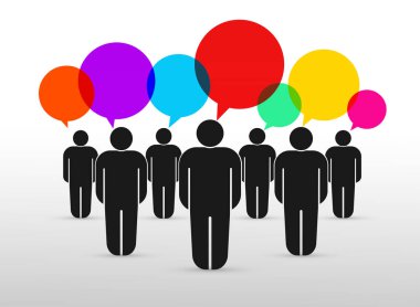 Renkli konuşma balonları ile çalışan insanlar kalabalık kümesi. Düz şirin minyatür takım çalışması ve ortaklık hakkında. İş tasarım ve Infographic için. Vektör çizim. Beyaz arka plan üzerinde izole