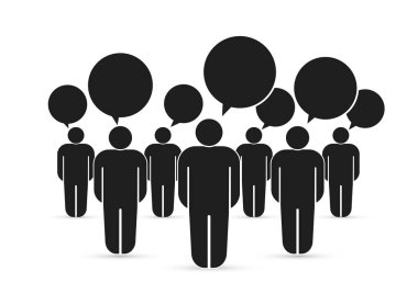 Konuşma balonları ile çalışan insanlar kalabalık kümesi. Düz şirin minyatür takım çalışması ve ortaklık hakkında. İş tasarım ve Infographic için. Vektör çizim. Beyaz arka plan üzerinde izole