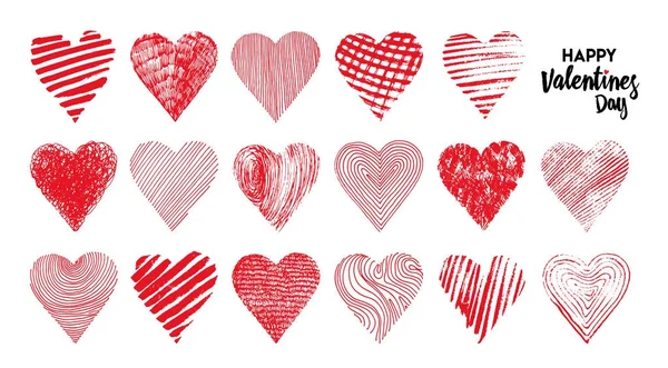 Hand getekend set van harten. Vectorillustratie. Ontwerpelementen voor Valentijnsdag. Geïsoleerd op witte achtergrond — Stockvector