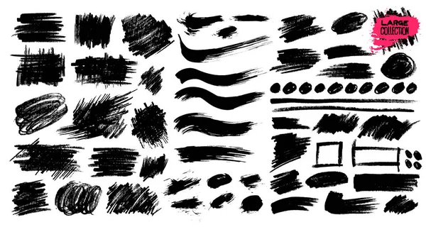 Siyah boya, mürekkep fırça darbeleri, fırçalar, çizgiler, grungy büyük koleksiyonu. Kirli sanatsal tasarım öğeleri, kutular, çerçeveler. Vektör çizim. Beyaz arka plan üzerinde izole. Serbest el çiziminin — Stok Vektör