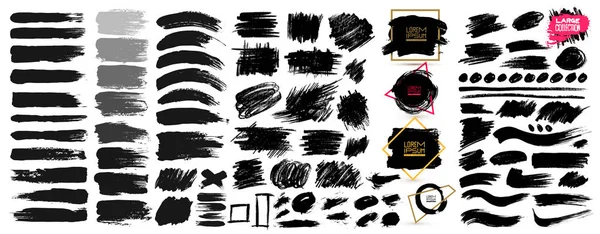 Великий набір чорної фарби, мазки для чорнила, пензлі, лінії, гранжеві. Брудні художні елементи дизайну, коробки, рамки. Векторні ілюстрації. Ізольовані на білому тлі. Вільний малюнок — стоковий вектор