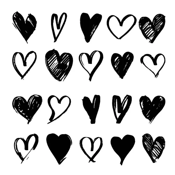 Fekete kézzel rajzolt szív gyűjteménye. Kézzel rajzolt durva marker szívét. A grafikai tervezés. Elszigetelt fehér background. Vektoros illusztráció — Stock Vector