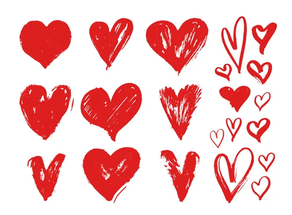 赤いグランジ ハートのセット。バレンタインの日のデザイン要素です。ベクトル図のハートの形。白い背景に分離 — ストックベクタ