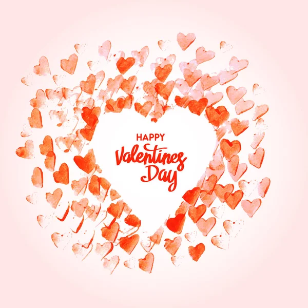 Acuarela feliz tarjeta de felicitación del día de San Valentín. Marco de corazones. Dibujo a mano alzada. Ilustración vectorial. Aislado sobre fondo suavemente rosa — Archivo Imágenes Vectoriales