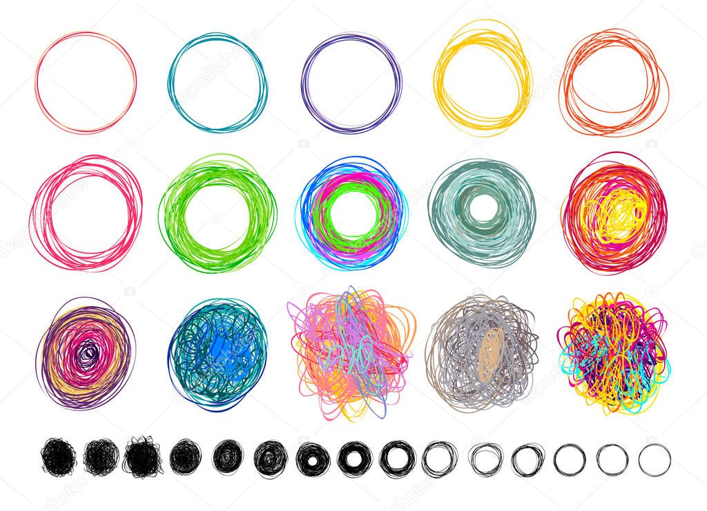 Set of hand drawn circles using sketch drawing scribble circle lines. Freehand drawing. Doodle circular logo elements. Vector illustration. Isolated on white background