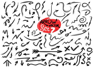 Soyut siyah elle çizilmiş okları büyük kümesi. Grunge kroki el yapımı doodle ok. Beyaz arka plan üzerinde izole