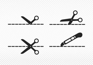 Makas ve ileti örneği bıçak kesim hatları ile kümesi. Makasla kesme hatları, kupon kesme simgesi. Makas kesim simge vektör çizim. Saydam arka plan üzerinde izole