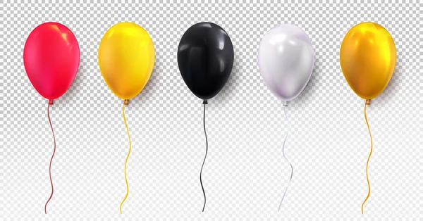 Palloncino rosso, giallo, nero, bianco e oro lucido. Palloncino realistico lucido per la festa di compleanno. Per il tuo design e il tuo business. Illustrazione vettoriale. Isolato su sfondo trasparente — Vettoriale Stock