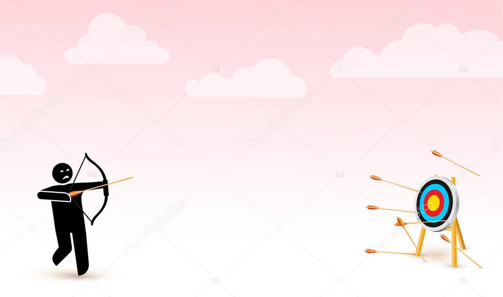 Failing to hit the target. Vector illustration depicts failure, inaccurate, missing. Man trying to shoot arrows with bow to hit the bullseye but failed miserably. Isolated on a light pink background