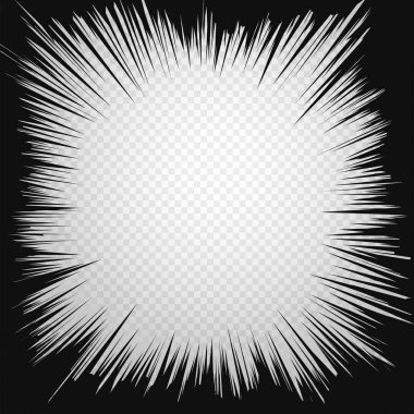 Siyah radyal çizgiler çizgi roman tarzı arka plan. Senin tasarım çizgi roman Radyal hız hatları için. Manga eylem, hız soyut. Vektör çizim. Saydam arka plan üzerinde izole