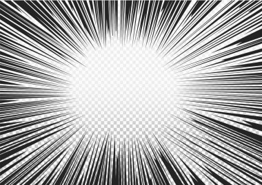 Siyah radyal çizgiler çizgi roman tarzı arka plan. Tasarımlarınız için. Manga eylem, hız soyut. Vektör çizim. Saydam arka plan üzerinde izole