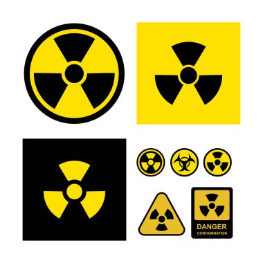 Radyoaktif kirlenme sembol kümesi. Tehlike kirlenme koleksiyonu. Vektör çizim. Beyaz arka plan üzerinde izole
