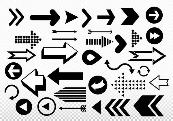 Conjunto de diferentes iconos de Flechas negras. Elementos abstractos para infografía empresarial. Tendencia alcista y descendente. Ilustración vectorial. Aislado sobre fondo transparente — Vector de stock