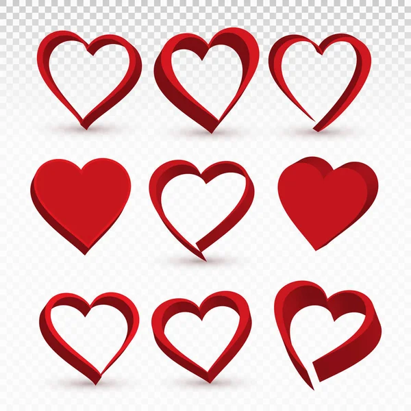 Set of red heart valentine love logo. Heart symbol for various design. Vector illustration. Isolated on transparent background — Stock Vector