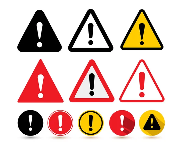 Set of the attention icon. Danger symbol flat design. Attention sign with exclamation mark icon. Risk sign red black and yellow. Vector illustration. Isolated on white background — Stock Vector