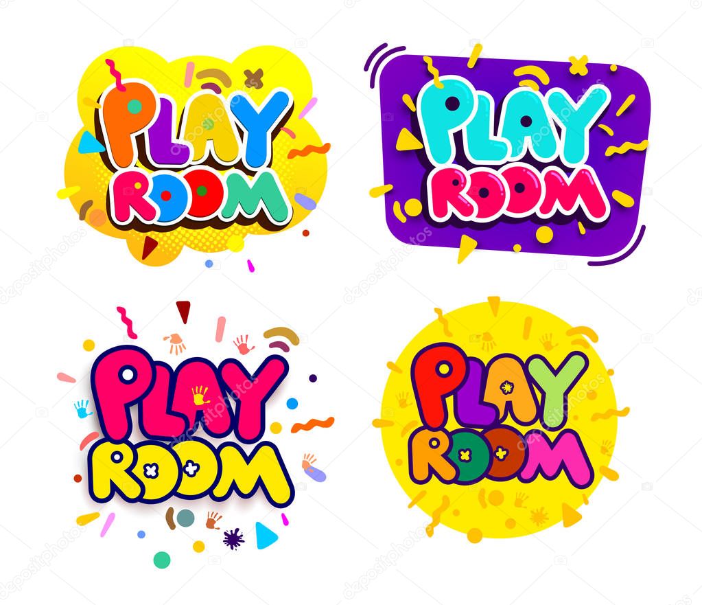 Set of playroom kids colorful logos. Children Playground. Banner design cartoon fun vector illustration. Isolated on white background